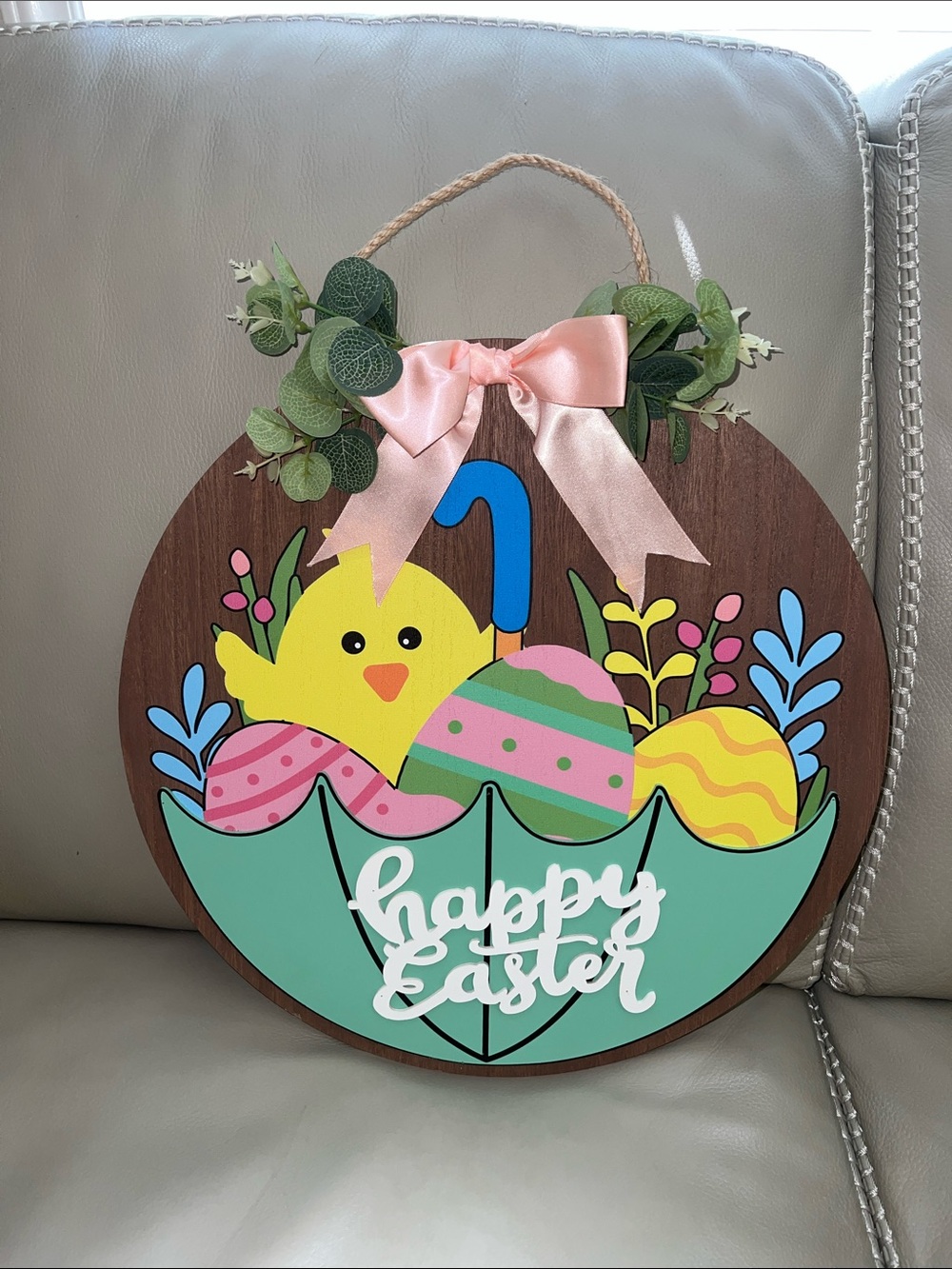 Happy Easter Wall Sign with Pink Bow and Pastel Accents